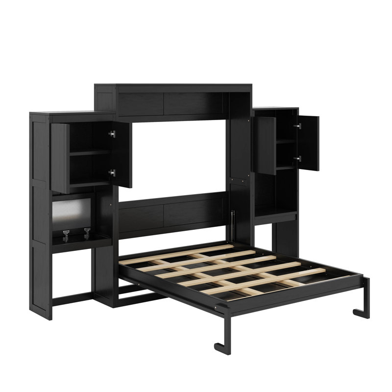 Grand lit escamotable avec bureau intégré, coiffeuse et armoires de rangement, Espresso