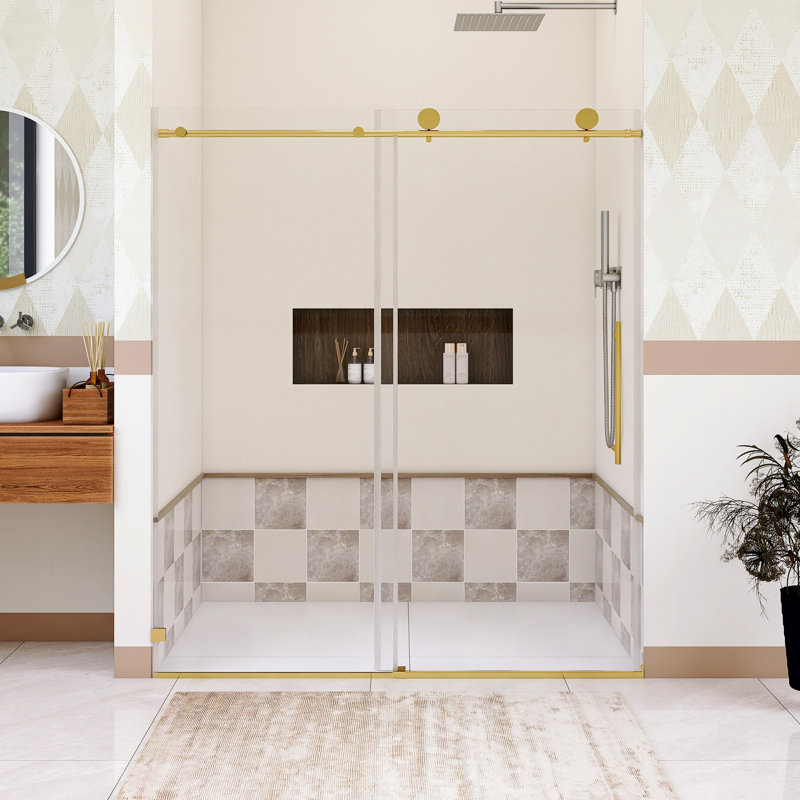 60 po X P 76 po H Porte de douche coulissante sans cadre au fini or brossé, Or brossé