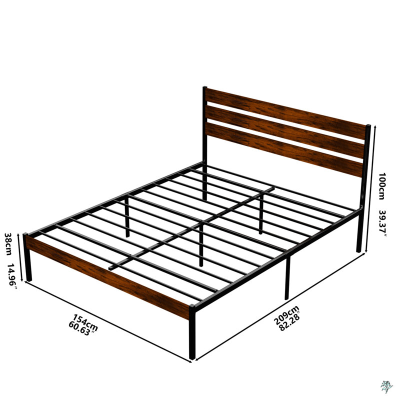 Structure de lit plateforme en fer avec tête et pied de lit en bois rustique (grand lit)