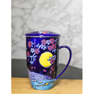 Blue Moon Fuji Mountain 15Oz Porcelain Tea Mug With Lid Stainless Steel Infuser