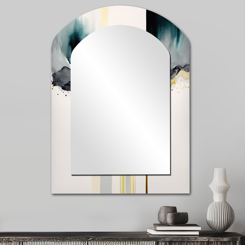 Abstract Transitional Shapes Black V - Abstract Shapes Arch Wall Mirror, Black Asymmetrical Decorative Mirror, Printed Metal Art