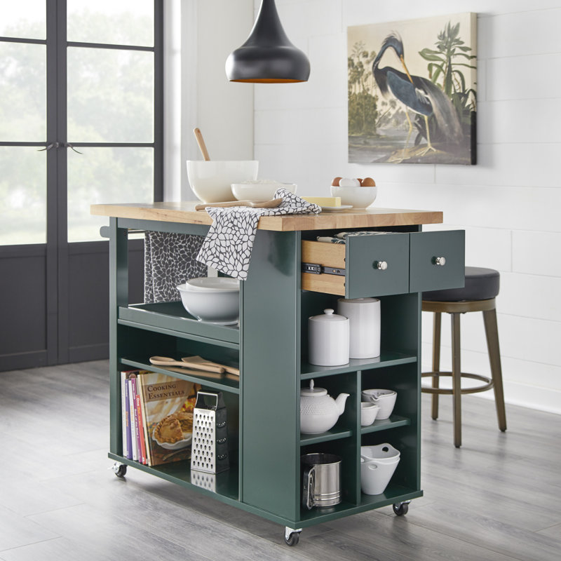 Haysi Solid Wood Top Kitchen Cart, Dark Hunter Green