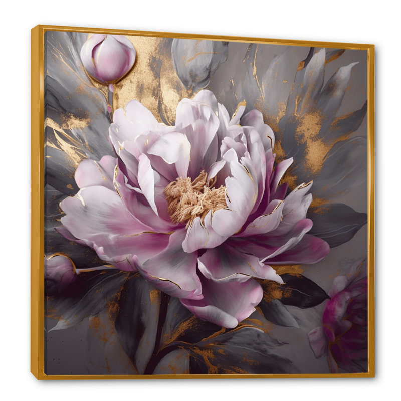 " Pink Grey Peonies Blooming V ", 36" H x 36" W x 1.5" D, Gold Floater Framed