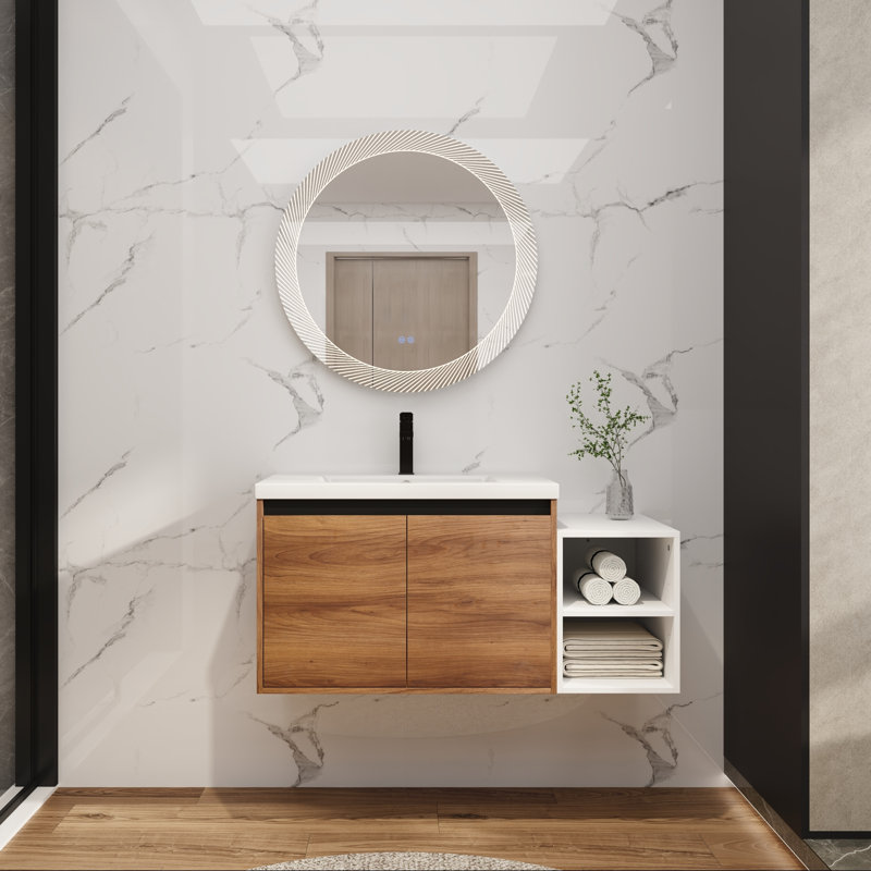 Meuble-lavabo mural avec lavabo en résine, tablette de rangement, portes à fermeture en douceur, 42"