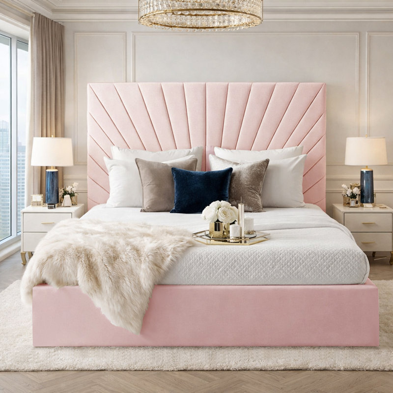 Upholstered Velvet Bed, Super King (6'), Pink