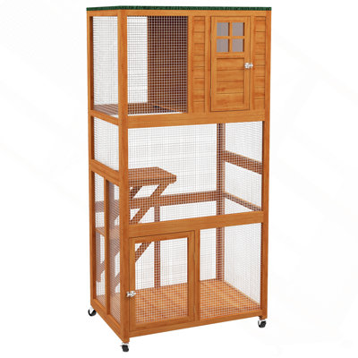 74" Wooden Outdoor Cat House Weatherproof & Wheeled, Catio Outdoor Cat Enclosure With High Weight Capacity, Kitten Cage Condo, Orange