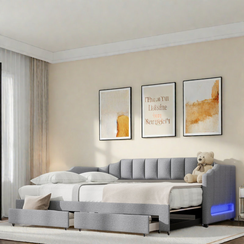Extendable Upholstered Daybed With 2 Storage Drawers And Led Light, Gray