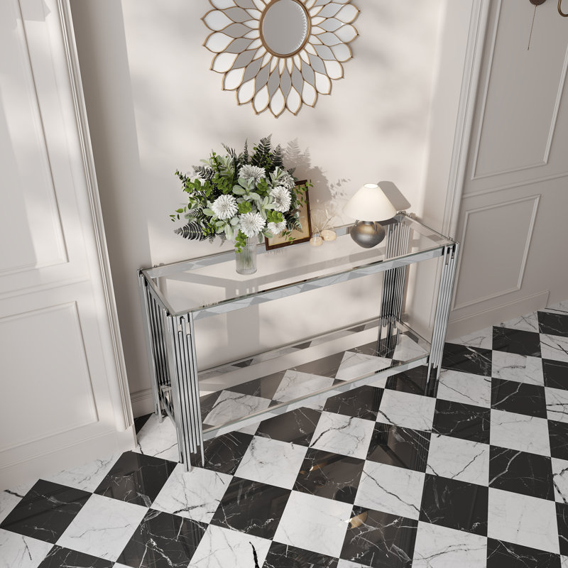 Console supérieure et inférieure en verre trempé à double couche et cadre en acier inoxydable à finition miroir, Clair