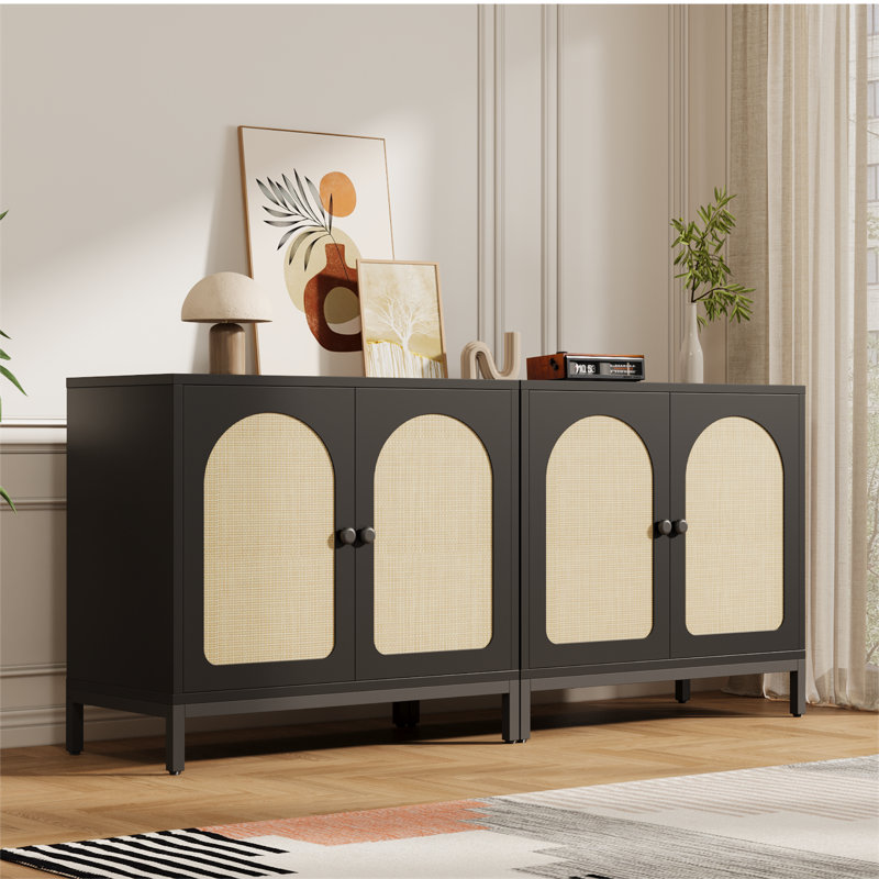 Buffet de 28 pouces avec tablettes réglables et portes en rotin