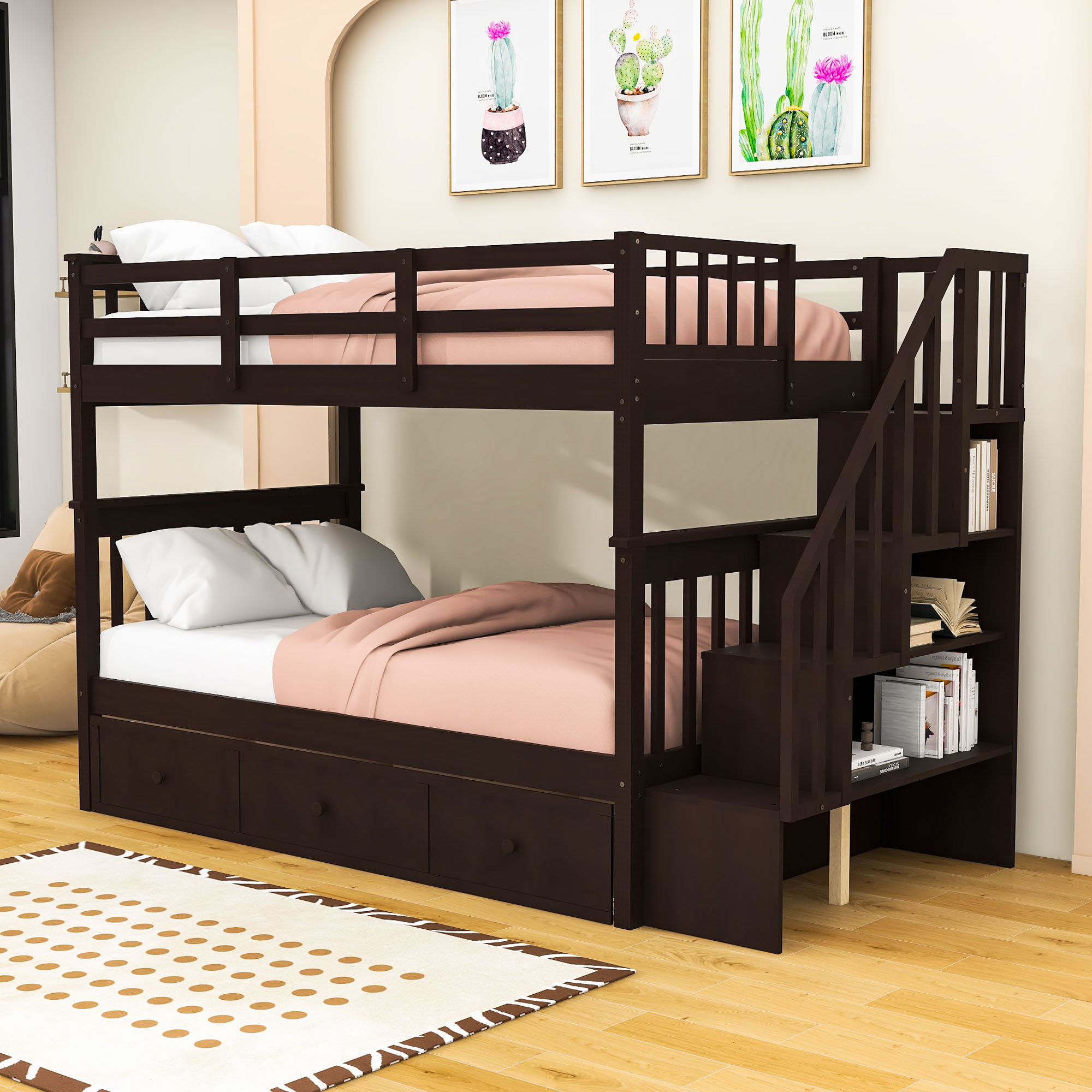Harriet Bee Twin Over Twin Wood Bunk Bed with Drawers and Staircase ...