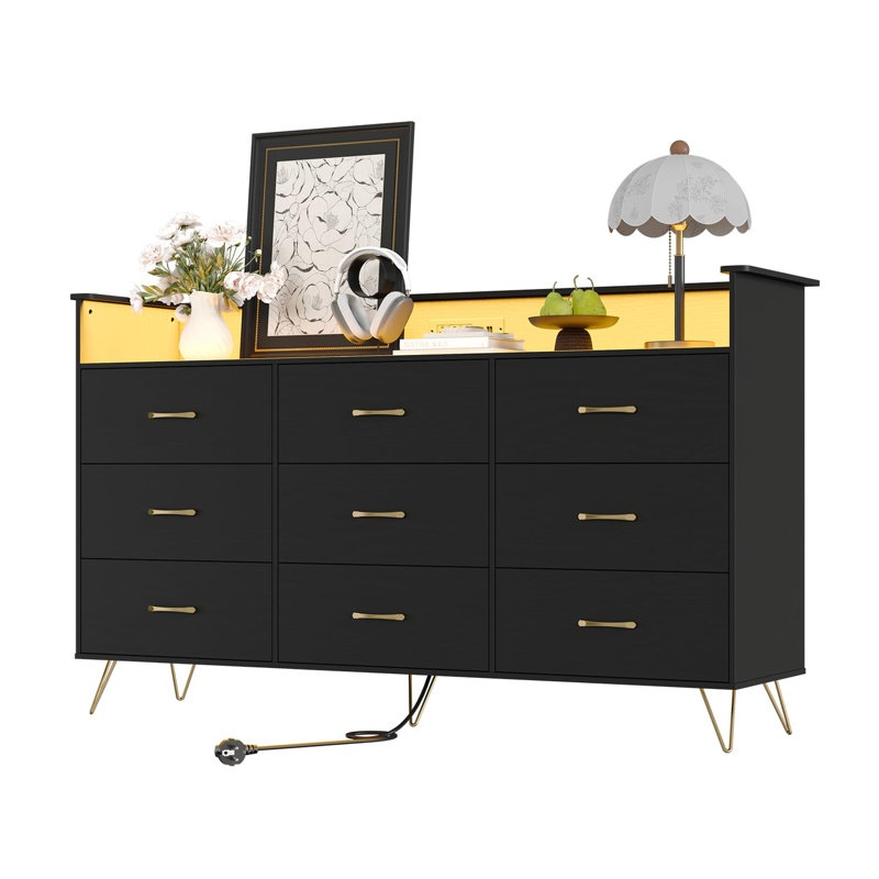 9 Drawer Dresser with App RGB LED Lights & Charging Station, Wood Storage Chest, Black