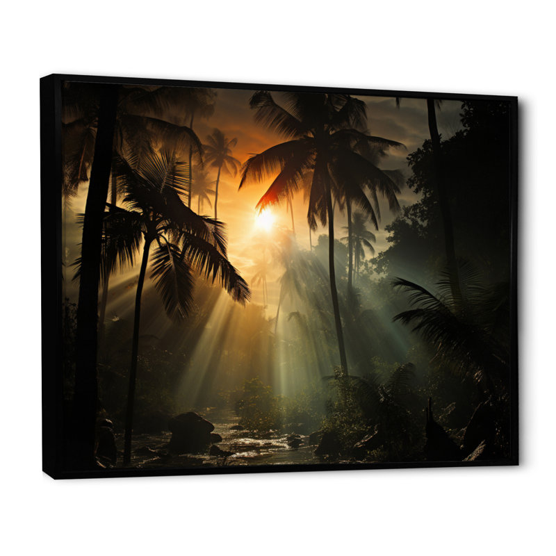 Palmiers Sunsert sur toile, Cadre flottant noir, H 34 po x l 44 po x P 1,5 po