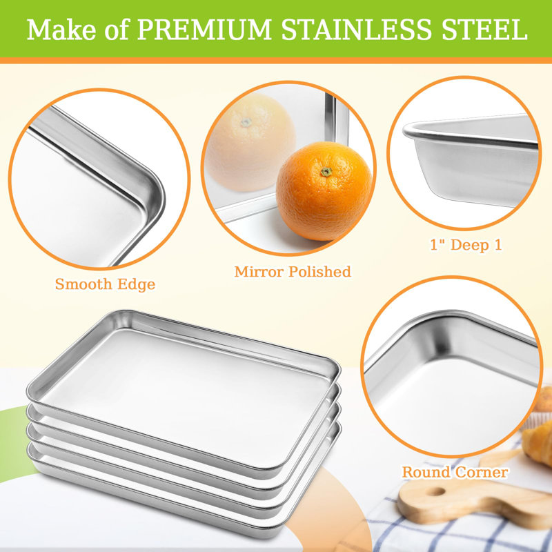 4 Pieces Baking Sheet Pan Tray, Stainless Steel Small Cookie Sheets For Baking,Warp Resistant & Heavy Duty & Rust Free Baking Pans Set