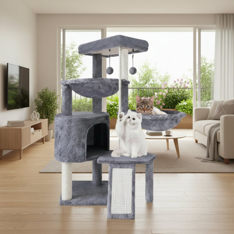 Arbre à chat gris à trois niveaux avec lit pour chat et deux hamacs