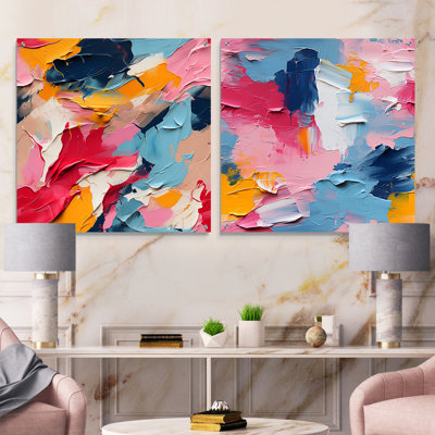 Aquarelle, peinture, chevauchement, rayures bleues et roses - Art abstrait acrylique sur verre, ensemble de 2