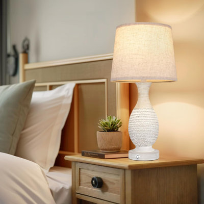 Bedside Table Lamps Set Of 2 - 3-Way Dimmable Touch Lamps With USB Charging, Beige Fabric Shade
