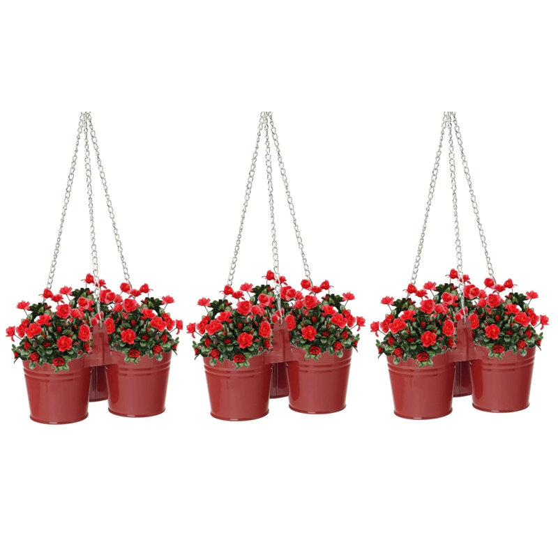 Triple pot de fleurs suspendu en acier émaillé , Rouge