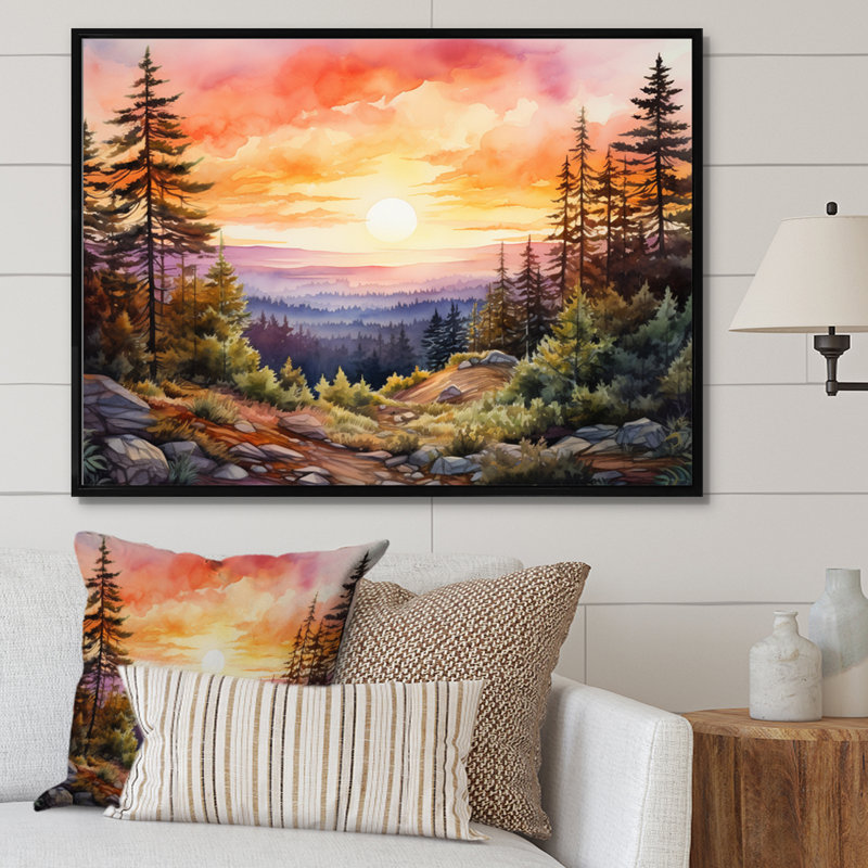 Pin, horizon rose sur toile, H 24 po x l 32 po x P 1 po, Cadre flottant noir