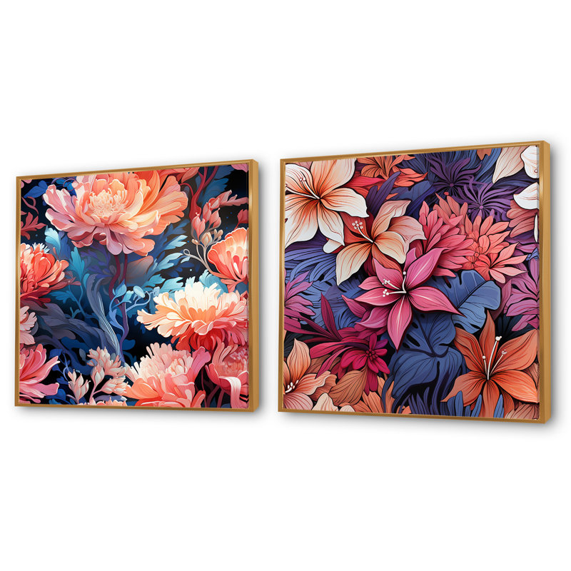 Coral Mirage - motif tropical II - ensemble de 2 collages carrés floraux, Cadre flottant doré, H 30 po x l 61 po