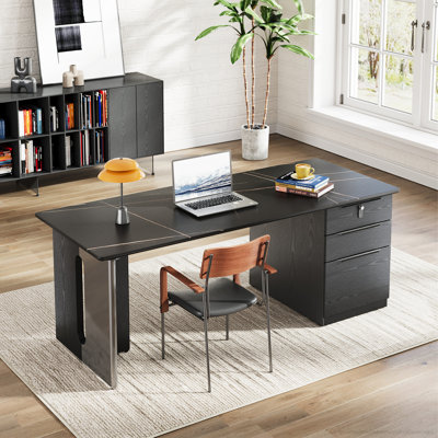 Modern Executive Desk With Sintered Stone Top, Reversible Storage Cabinet, Stainless Steel & Wood Legs – 63-Inch Large Home Office Computer Desk