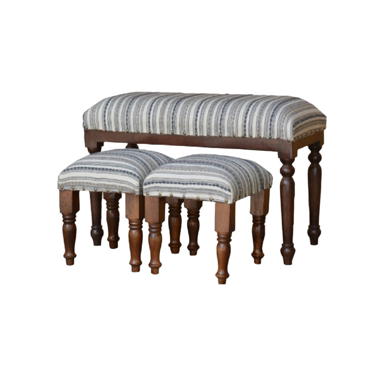 Ensemble de banc et tabourets en bois 3 pièces (henné), Brun / rayures grises, Brun foncé