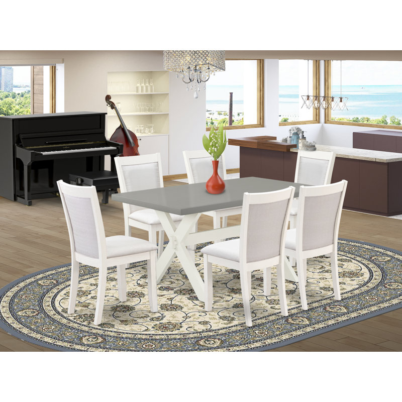 7 Piece Kitchen Table Set Consist of a Rectangle Dining Table with X-Legs and 6 Cream Linen Fabric Parson Dining Room Chairs, Wire Brushed linen white