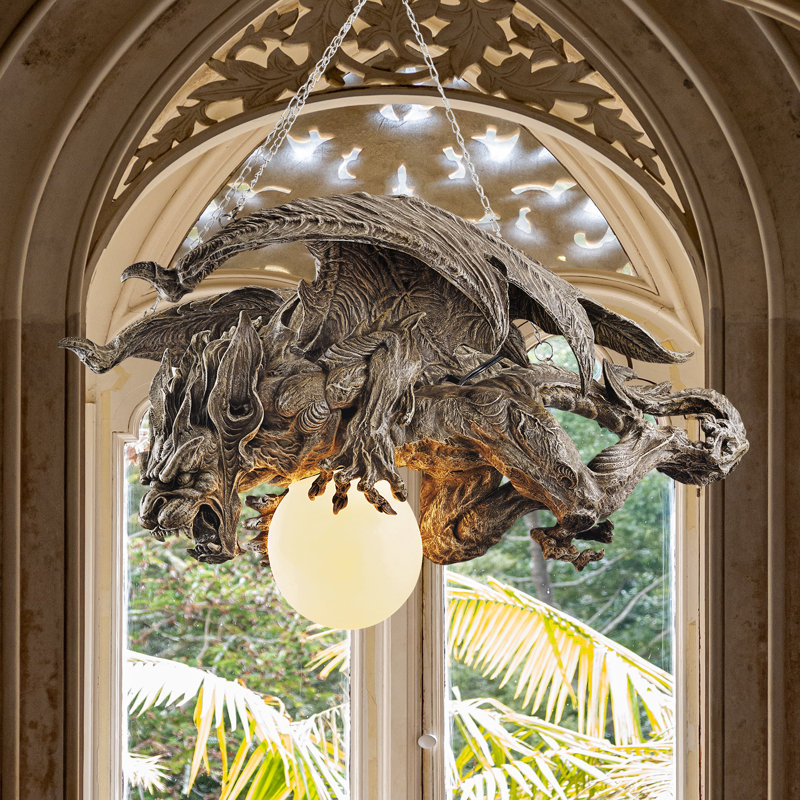 Gothic Guardian Gargoyle 27.5" Resin Chandelier with Orb Light