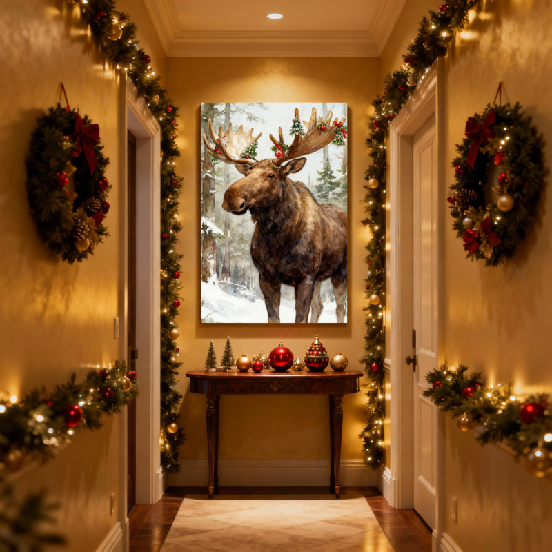 Orignal de Noël avec décorations de Noël dans la forêt enneigée, ensemble de 3 impressions sur toile, H 30 po x l 20 po