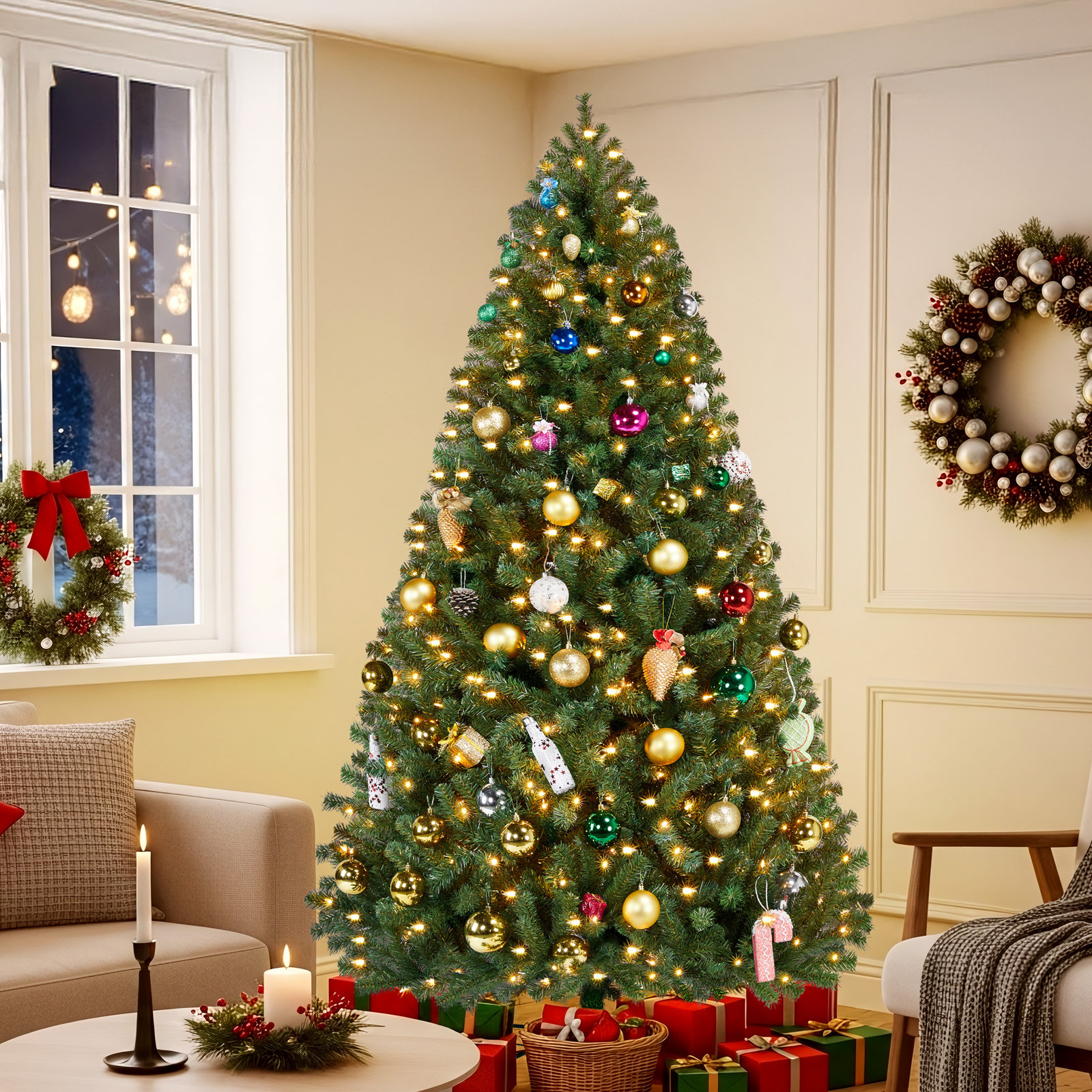 Pre-Lit Green Spruce Artificial Christmas Tree with Foldable Stand, 7.5' H