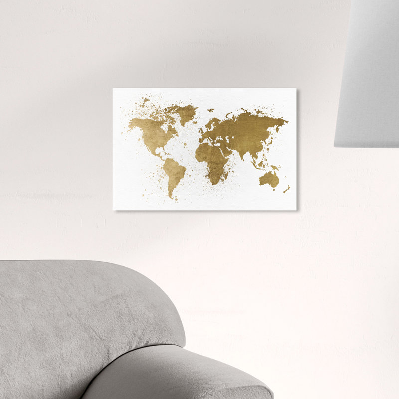 Carte du monde dorée, cuir, Continents métalliques, éclaboussures, blanc moderne - impression, Toile tendue
