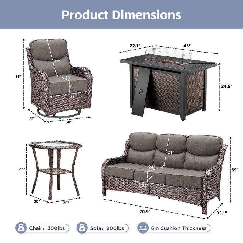 5-Piece Outdoor Wicker Patio Night Fire Pit Table Set With Coffee Table, Brown, Gray