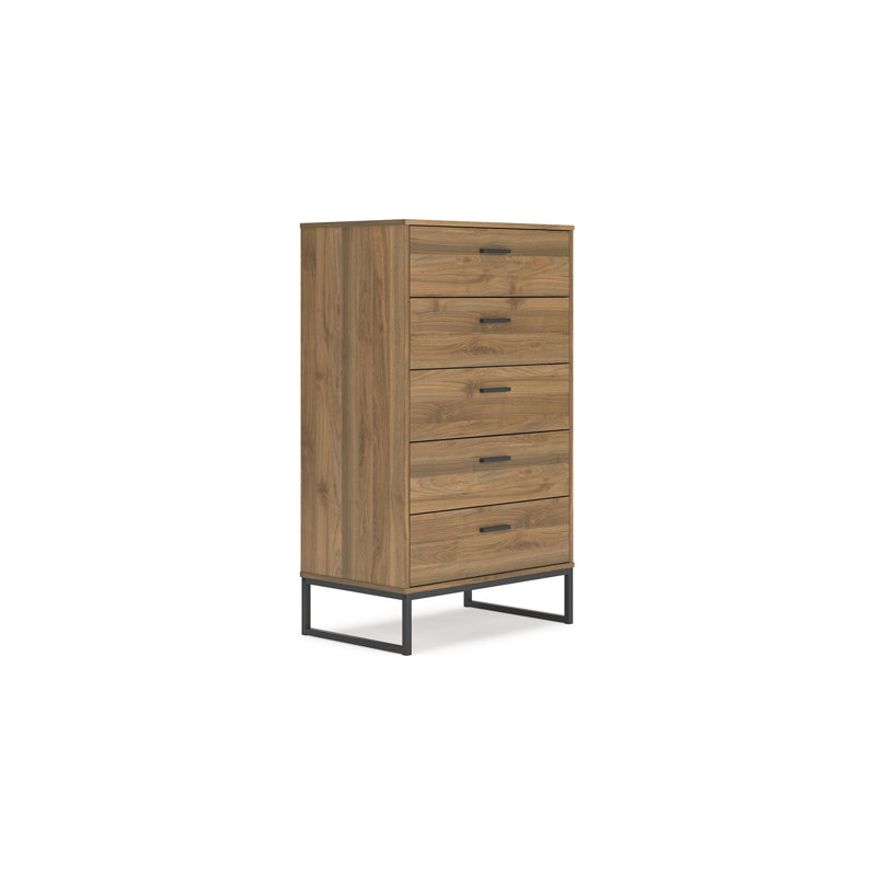 Grande commode 5 tiroirs Deana, bois brun, métal noir, 51 po Deana