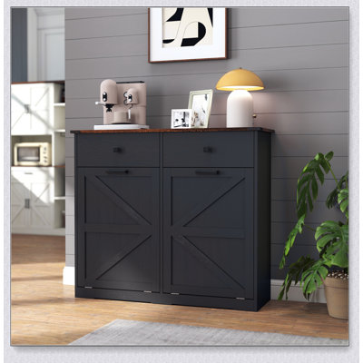 Armoire poubelle à double basculement Farmhouse noire pour bidons de 20 gallons, recyclage autoportant avec tiroir dissimulé, trieur de linge de style porte de grange