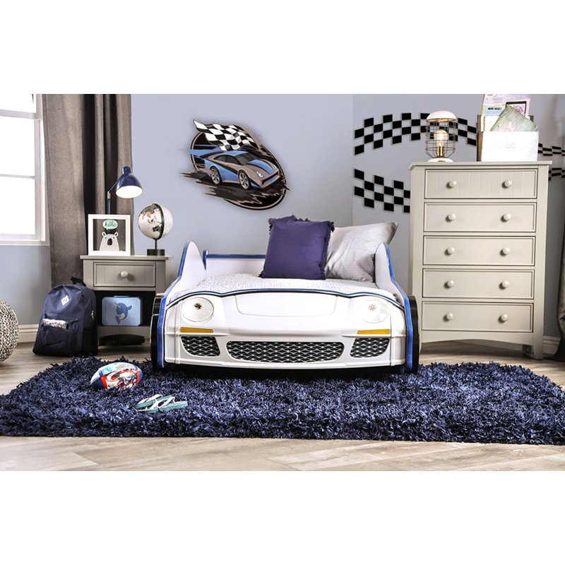 Modern Novelty Style Twin Bed Police Car Design With High gloss Design LED Lights On Wheels And Headlights Included Slat Kit Metal Structure Painted Edges Blue And White Finish