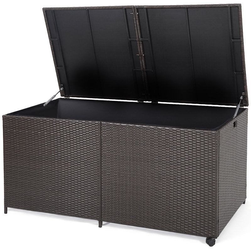 Gymax 59'' W 175 Gallons Water Resistant Wicker Deck Box with Wheels in Mix Brown