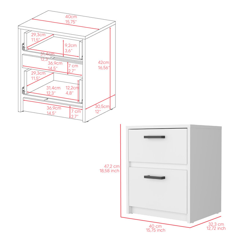 Table de chevet à carreaux, deux tiroirs, largeur x 18,9