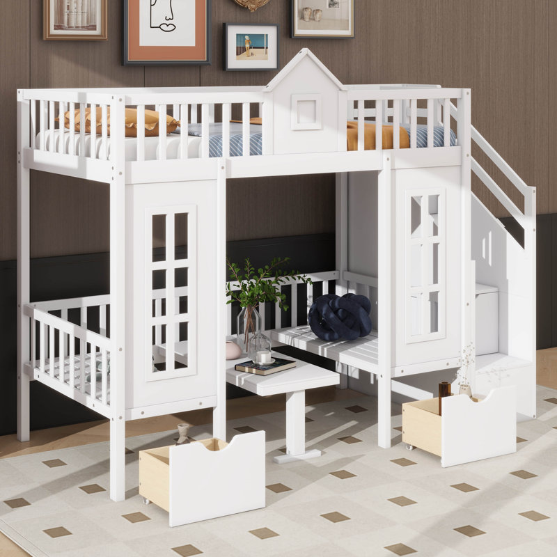 Lit superposé simple au-dessus d'un lit simple avec bureau ajustable, transformant le lit inférieur en un espace de travail fonctionnel