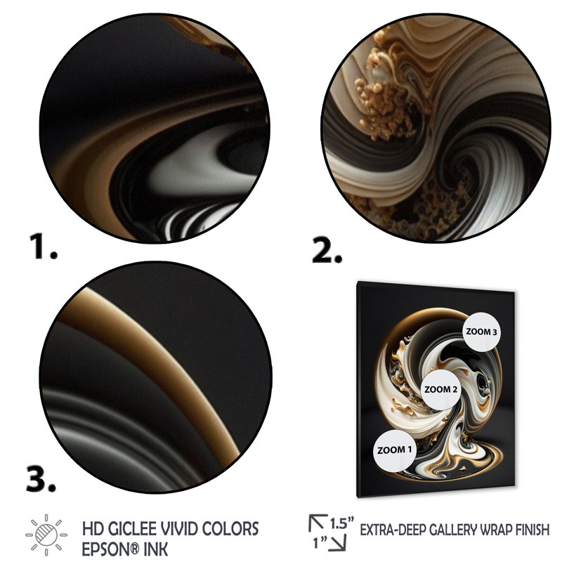 Vitrail en spirale doré et noir V - reproduction sur toile, Impression noire sur toile encadrée, H 20 po x l 12 po x P 1 po