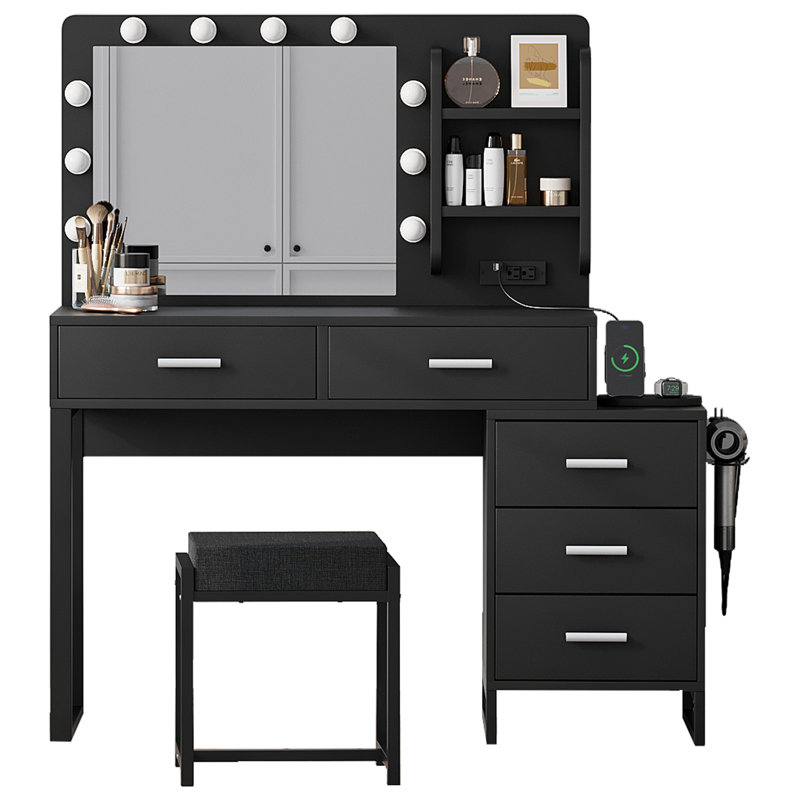 Bureau de coiffeuse 47 "avec lumières, ensemble de coiffeuse avec station de charge, coiffeuse avec 5 tiroirs et armoire, miroir de coiffeuse 3 lumières de couleur réglable, noir
