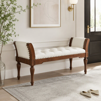 Banc de repose-pieds 54 po en similicuir capitonné à boutons, banc de bout rembourré rétro avec coussin moelleux, structure en bois massif