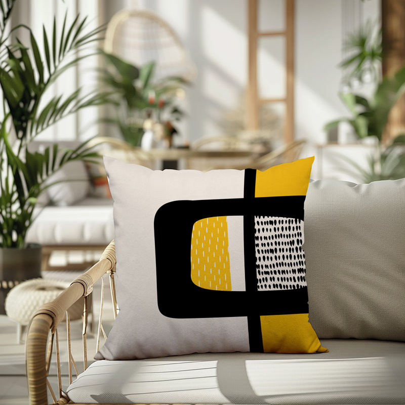 Coussin carré intérieur / extérieur pia, H 15 po x l 15 po, Jaune / noir / blanc cassé