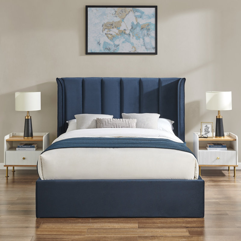 Ashok Upholstered Velvet Lift Up Storage Ottoman Bed, Double (135 x 190 cm), Navy