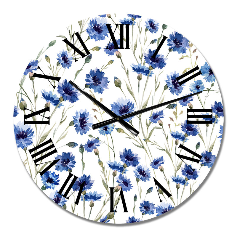 Horloge murale à fleurs bleues sur fond blanc, Petit