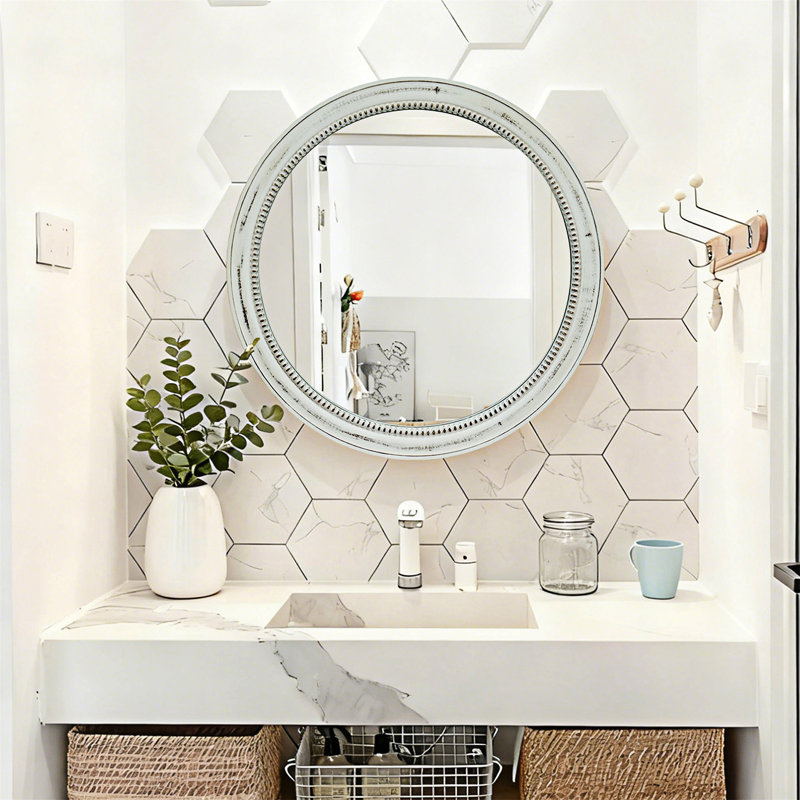 Round Wood Beaded Wall Mirror