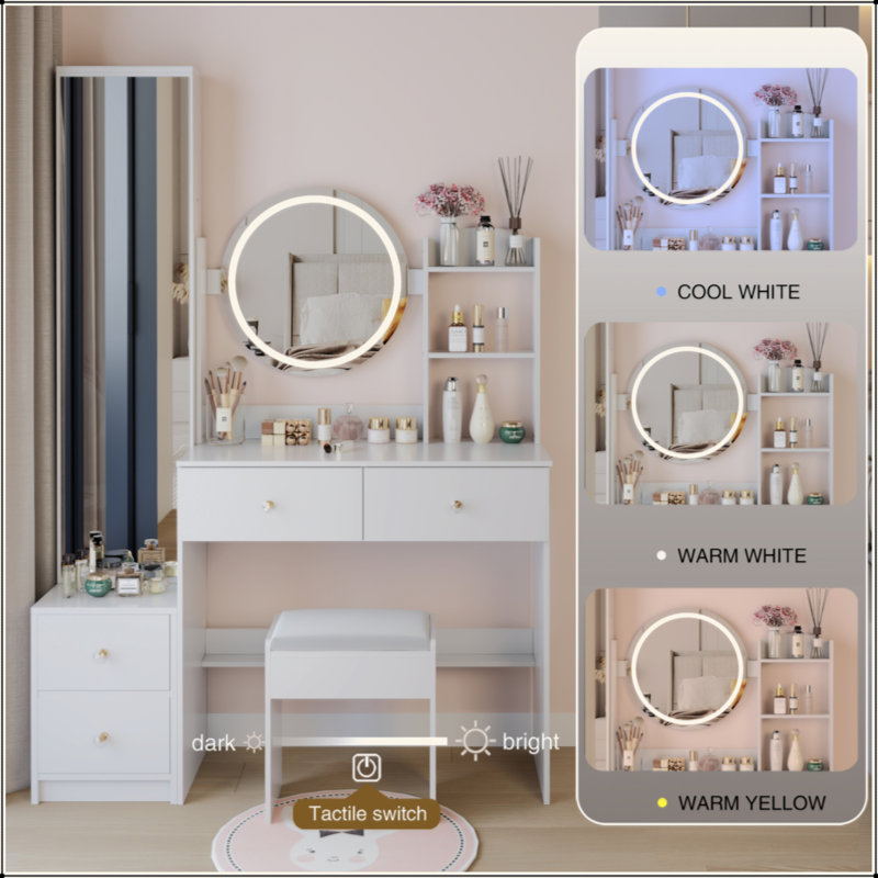 Full Body Mirror Cabinet + Round Mirror LED Vanity Table + Cushioned Stool, 17" Diameter LED Mirror, Touch Control, 3-Color, Brightness Adjustable, Large Desktop, Multi-Layer High Capacity Storage