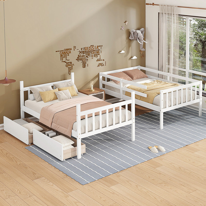 2 Drawers Solid Wood Standard Bunk Bed, White, Twin Over Twin