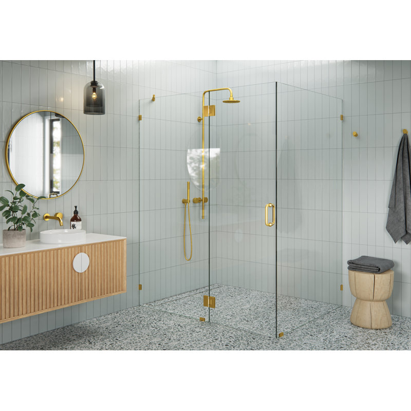 Cabine de douche à charnière en verre sans cadre à 90 degrés Halo 59 po x 48 po x 78 po Halo, Laiton satiné