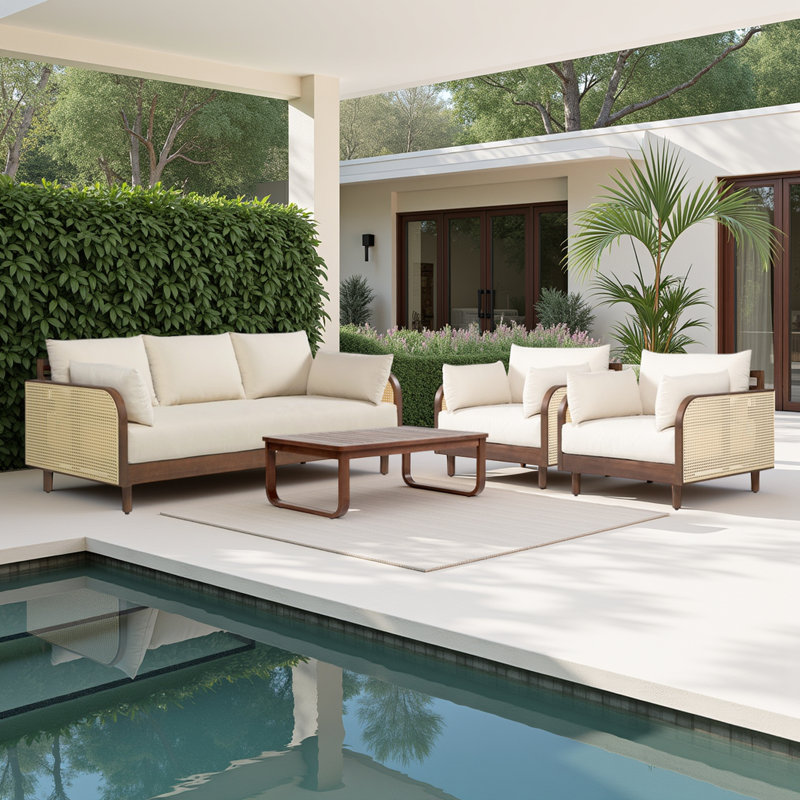 Wavefront 4-Piece Outdoor Conversation Set In Brown Eucalyptus & Rope With Cushions, Dark Brown 