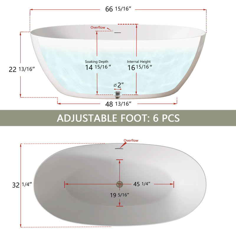 Baignoire de trempage autoportante en acrylique avec drain en acier inoxydable 67 po. X 32 po. X 22 po. Blanc