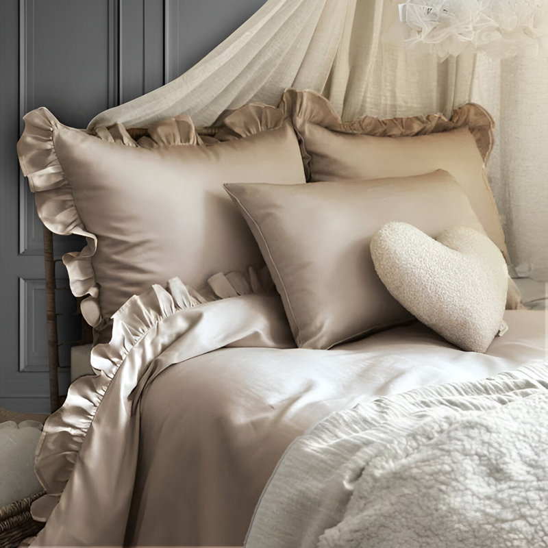 400TC Cotton Sateen Ruffle Cotton 4 Piece Sheet Set Fitted Sheet Fits Upto 16" Deep Pocket, Taupe, Twin Extra Long Sheet Set